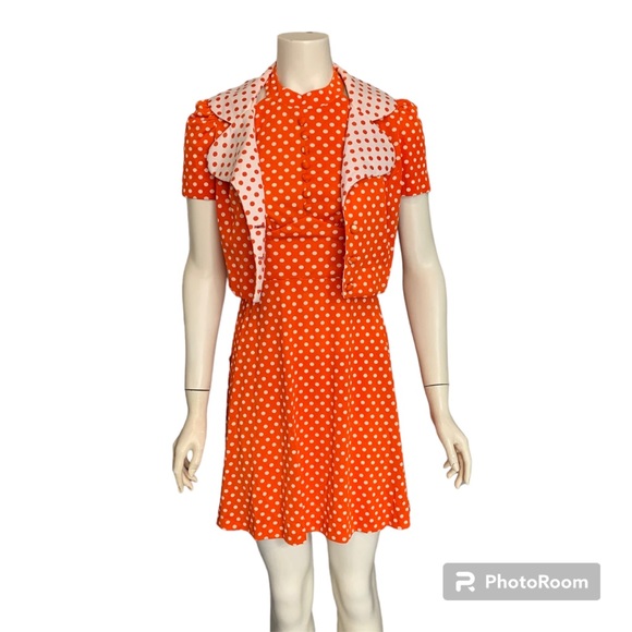 Vintage 60s 70s polka dot polyester dress set - Picture 1 of 11